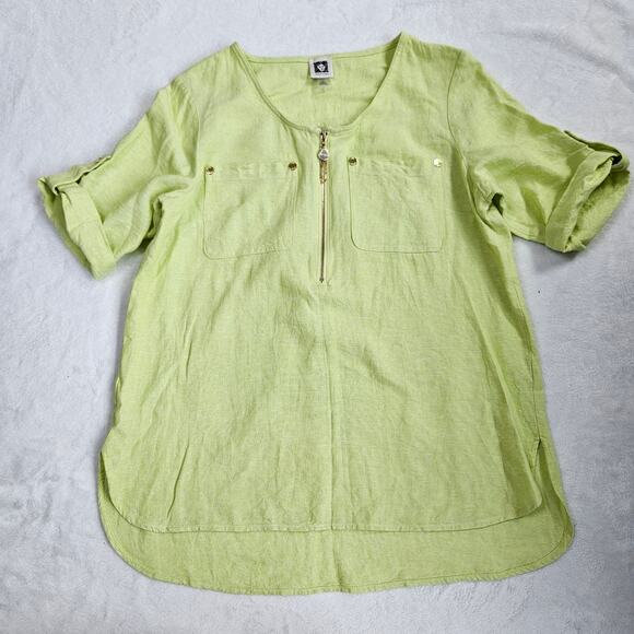 Anne Klein Linen Short Sleeve Coastal Beachy Sheer Summer Green Top Size Small - Picture 4 of 10